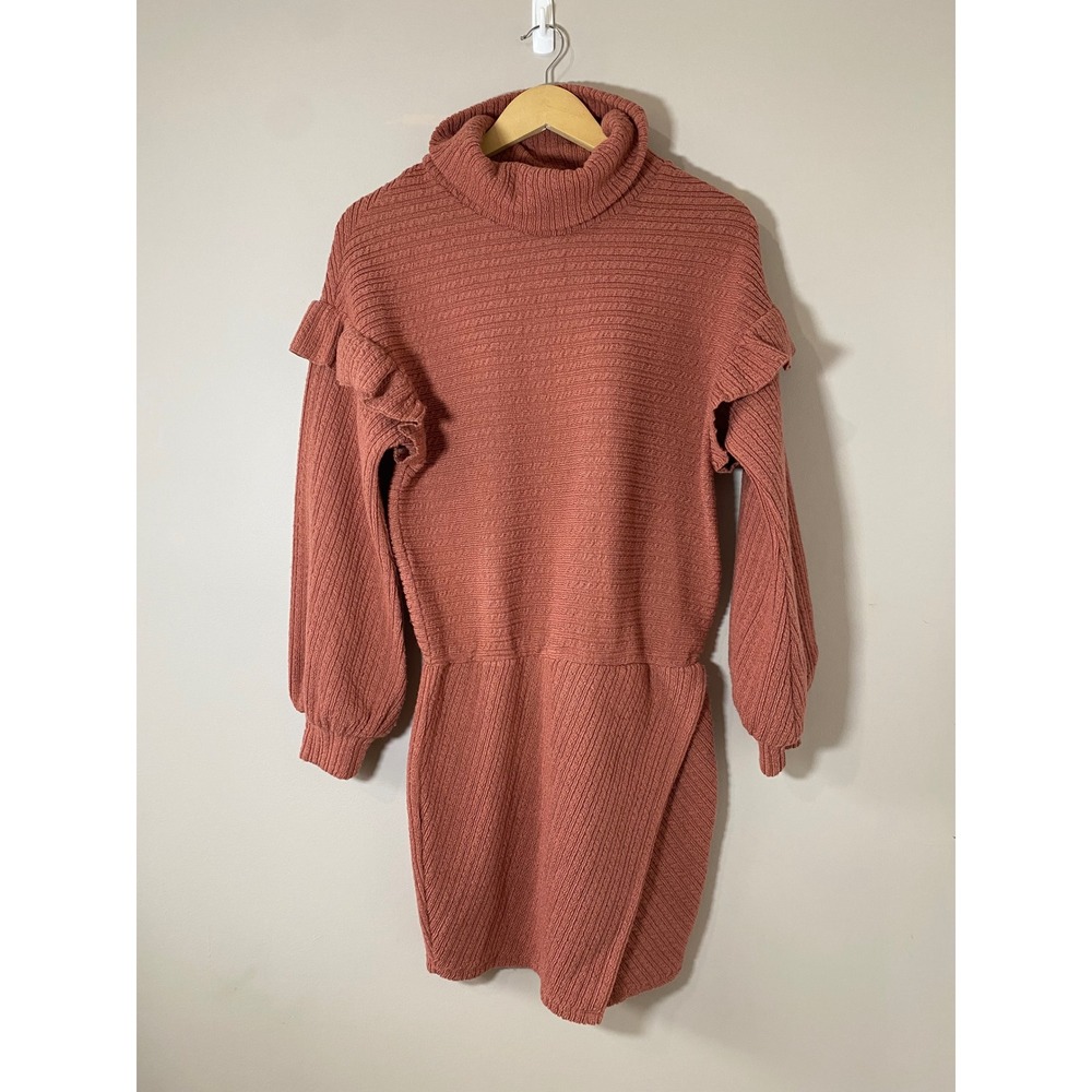 Saylor Terracotta Rust Ribbed Wool Blend Ruffle Turtleneck Wrap Mini Dress Small - Picture 2 of 5